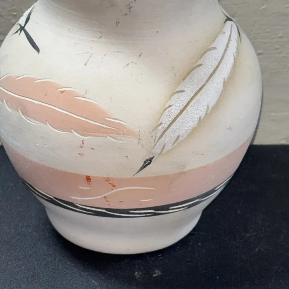 Rose Feathers Desert Pueblo Vase Painted Stoneware Pottery Signed 6
